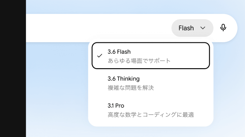 WebのGeminiやGeminiアプリなどでGemini 3.6 Flashが使用可能になった