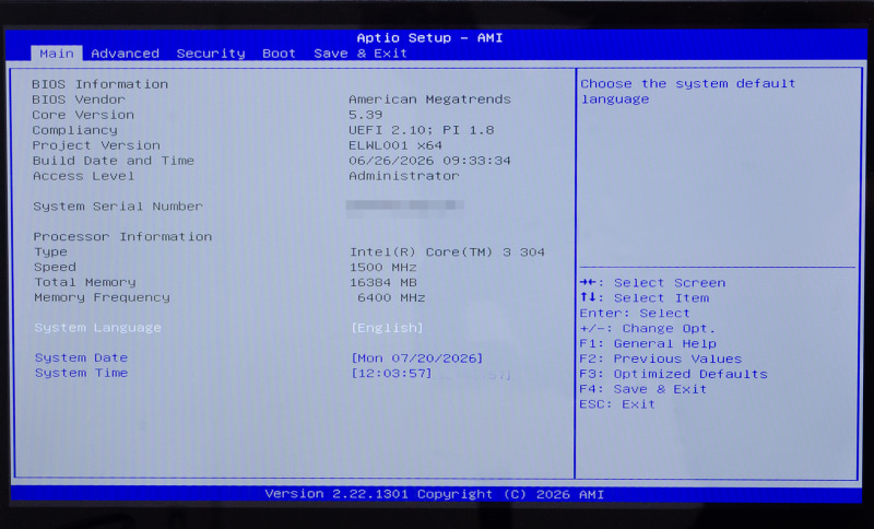 BIOS / Main。起動時[DEL]キーで表示