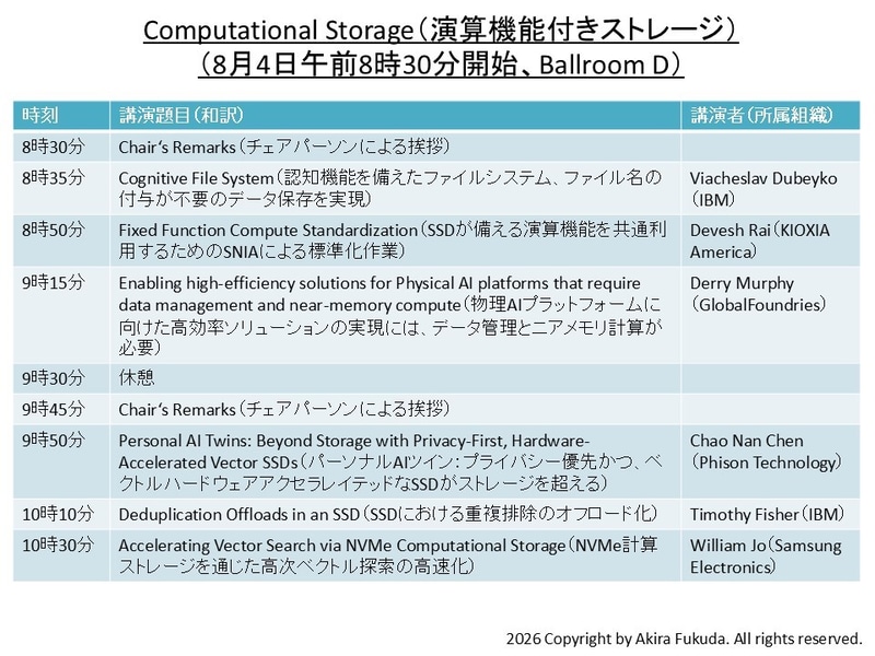 「Computational Storage(演算機能付きストレージ)」分野の講演題目一覧。公式Webサイトと公式アプリから筆者が作成したもの