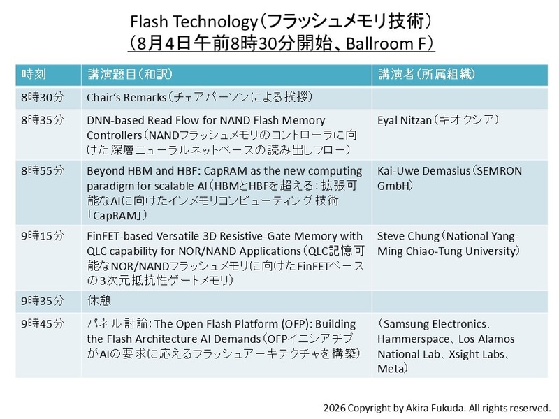 「Flash Technology(フラッシュメモリ技術)」分野の講演題目一覧。公式Webサイトと公式アプリから筆者が作成したもの