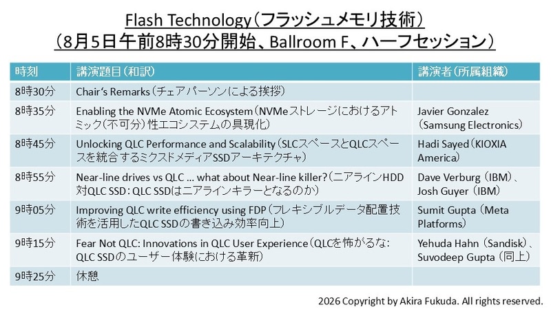 「Flash Technology(フラッシュメモリ技術)」分野の講演題目一覧(ハーフセッション)。公式Webサイトと公式アプリから筆者が作成したもの