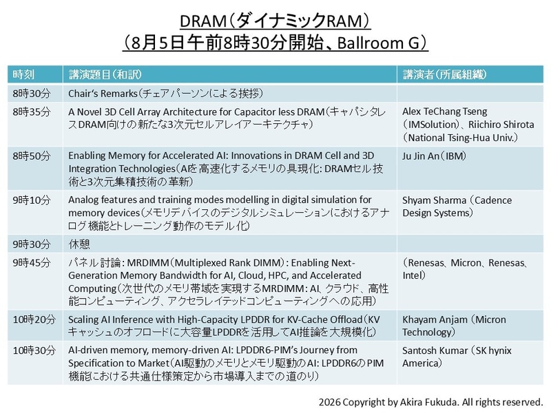 「DRAM(ダイナミックRAM)」分野の講演題目一覧。公式Webサイトと公式アプリから筆者が作成したもの