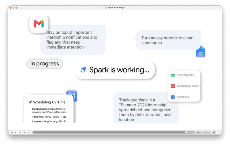 Gemini Sparkは、Gmailの重要な通知の抽出やスプレッドシートへの整理といったタスクを、ユーザーの指示に沿ってバックグラウンドで実行する