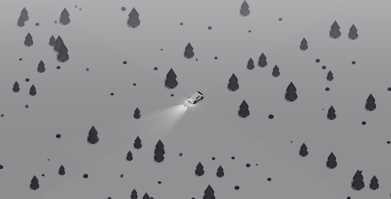 「Build a peaceful 3D driving game: an endless forest I can drive through freely, with no missions and no timers. Make it feel calm.」というプロンプトで作成されたドライブゲームの画面