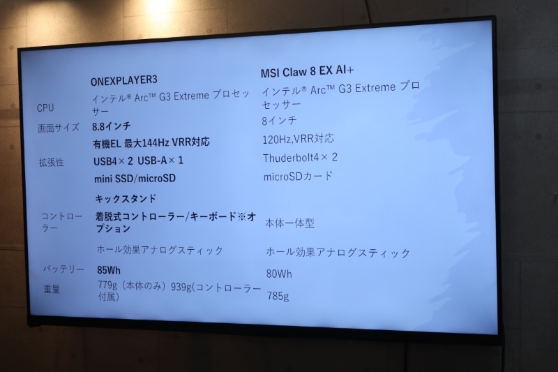 MSI Claw 8 EX AI+との比較
