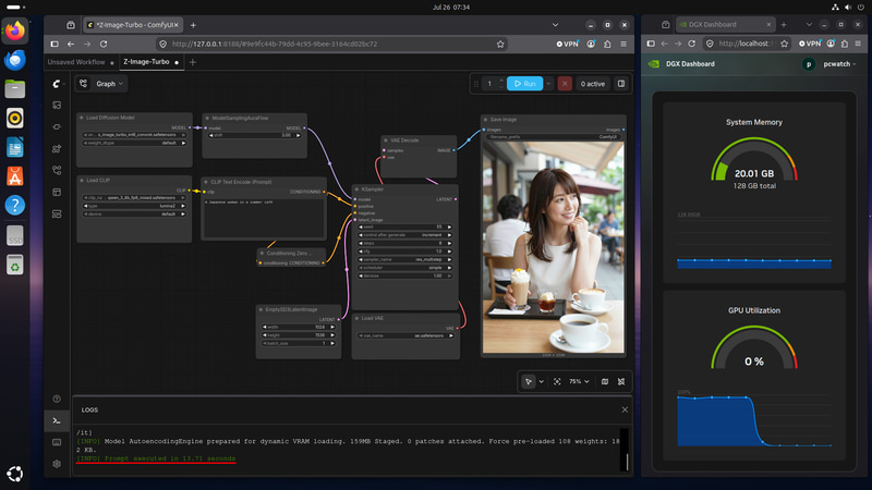 ComfyUIでZ-Image-Turboの画像を生成。メモリは約20GBを使用。処理時間13.71秒