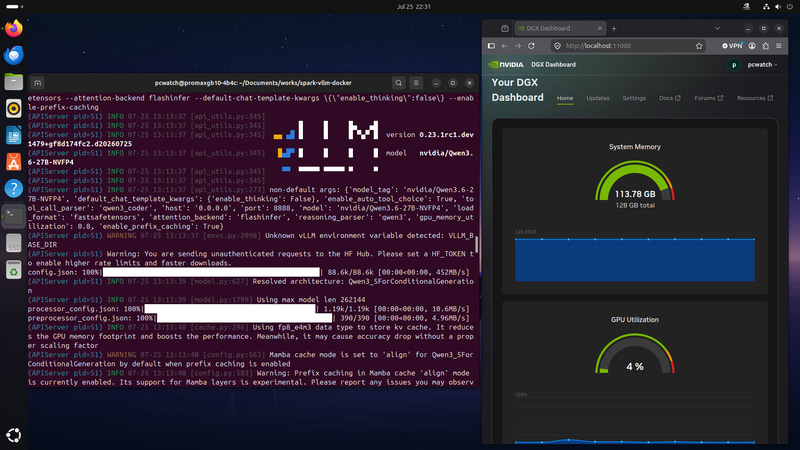 spark-vllm-dockerのvLLMを使いQwen3.6-27B(NVFP4)ロード。メモリを113GB+ほど使っている。Qwen3.6-35B-A3Bの方が高速だが、賢さ重視なら27Bの方がいい