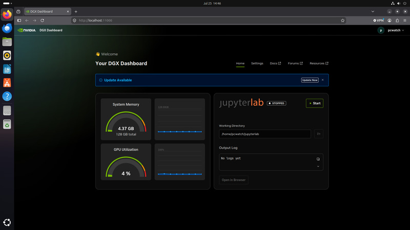 状況が一目で分かるDGX Dashboard。System updateやJupyterLabもここからできる
