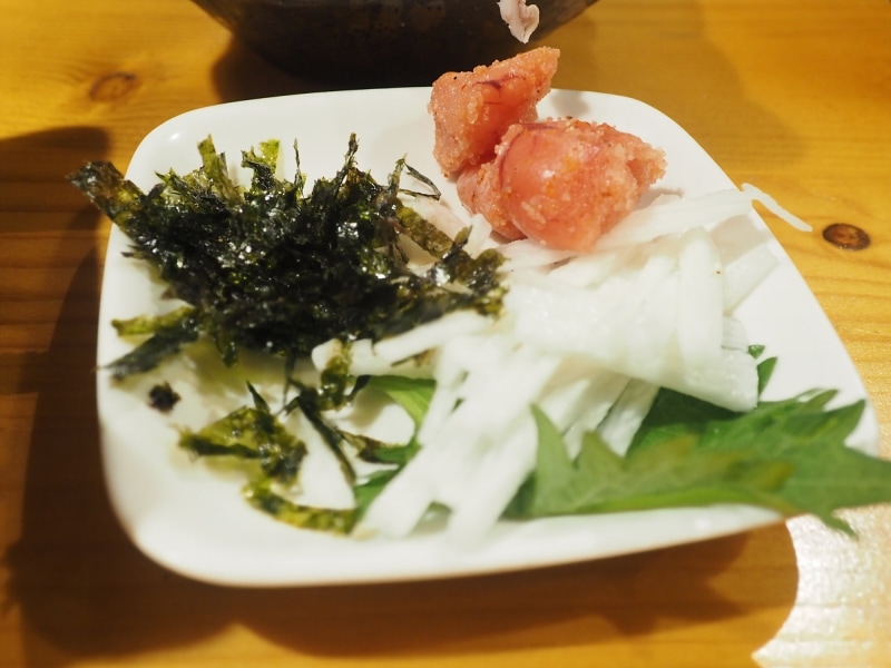 炙り明太子と長芋の千切り。明太子と長芋と海苔を一緒に食べるといい