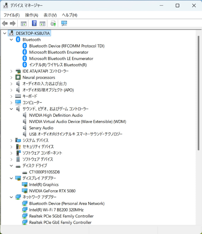 デバイスマネージャー/主要なデバイス。1TB SSDはCrucialの「CT1000P310SSD8」。5Gigabit EthernetはRealtek PCIe 5GbE Family Controller、Gigabit EthernetはRealtek PCIe GbE Family Controller、Wi-FiはIntel Wi-Fi 7 BE200、BluetoothもIntel製
