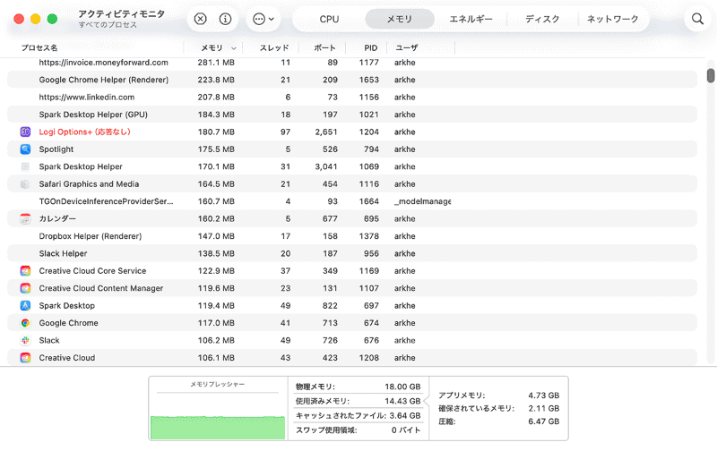 反応のないアプリやプロセスは赤い文字で「応答なし」と表示されます。終了したい項目を選択し、ツールバーの[×](停止)ボタンをクリックします