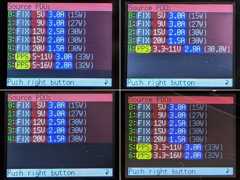 PPSをチェック。12Vに対応しているほか、PPSの電圧も高め。ちなみにBELLEMOND製品(下段右)とはPPSの値も含めてよく似ている