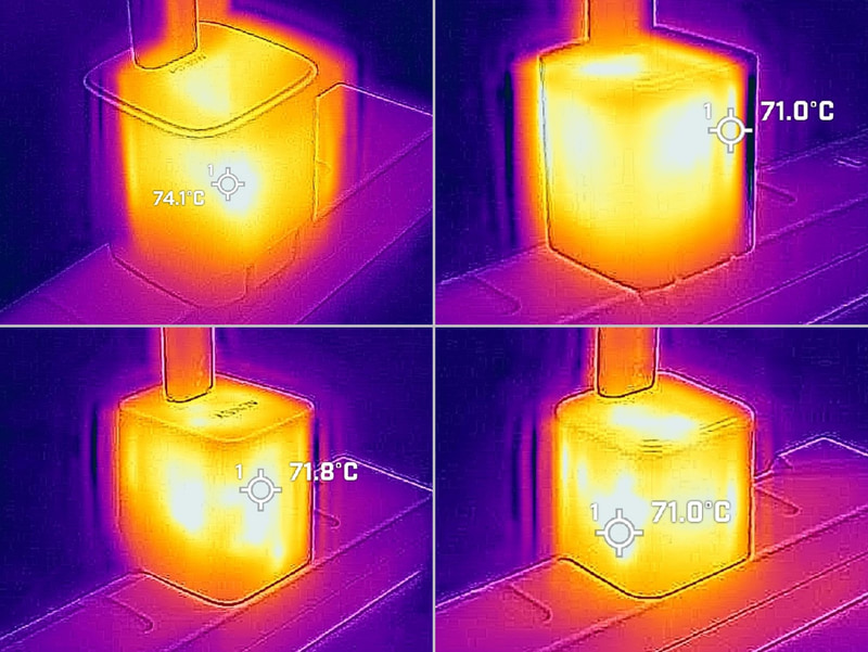 斜め方向から見てもっとも高温の箇所を撮影したもの。本製品が74.1℃、ほかの3製品は71℃台ということで、本製品だけ明らかに温度が高い