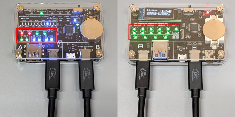 左が本製品、右が従来モデル(以下同じ)。SBU、TX1、TX2、RX1、RX2は+と－のペアで1つのLEDにまとめられた。また属性ごとにLEDが色分けされ分かりやすさが向上した