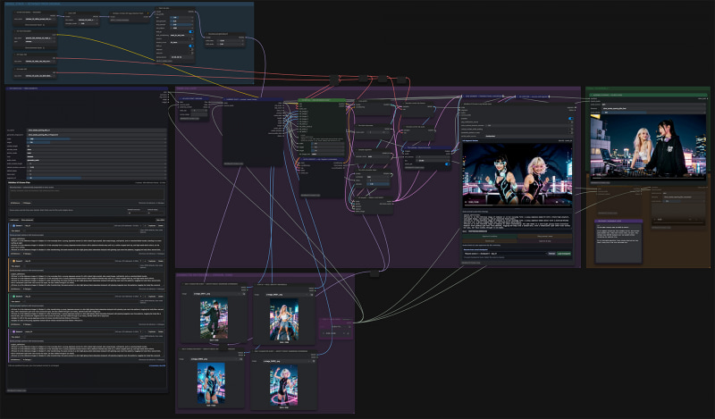 Workflow。複雑だが左側にクリップ×4、その右側にリファレンス画像x4。右の内側の画面がクリップごとの進捗、一番右側の画面が最終(4つつながったもの)。かかった時間は約16分