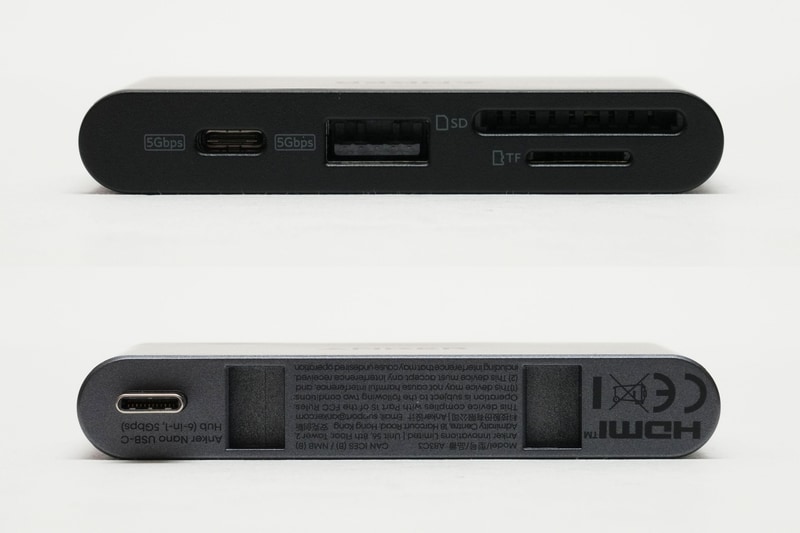着脱式USB Type-Cハブには、PC接続用USB Type-C(最大85W給電) 1基、HDMI(最大4K対応) 1基、USB Type-C PD入力 1基、USB Type-C(最大5Gbps) 1基、USB Type-A(最大5Gbps) 1基、SDカードスロット(最大104MB/s) 1基、microSDカードスロット(最大104MB/s) 1基などが用意