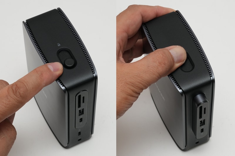 上部のロック解除スイッチをスライドさせると、着脱式USB Type-Cハブが頭を出す