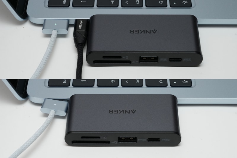 奥側のUSB Type-C端子に装着すると、MagSafe 3ケーブルと干渉して接続できなかった