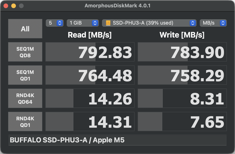 MacBook Airへ直接接続した際は、読み込み792.83MB/s、書き込み783.90MB/sを記録した