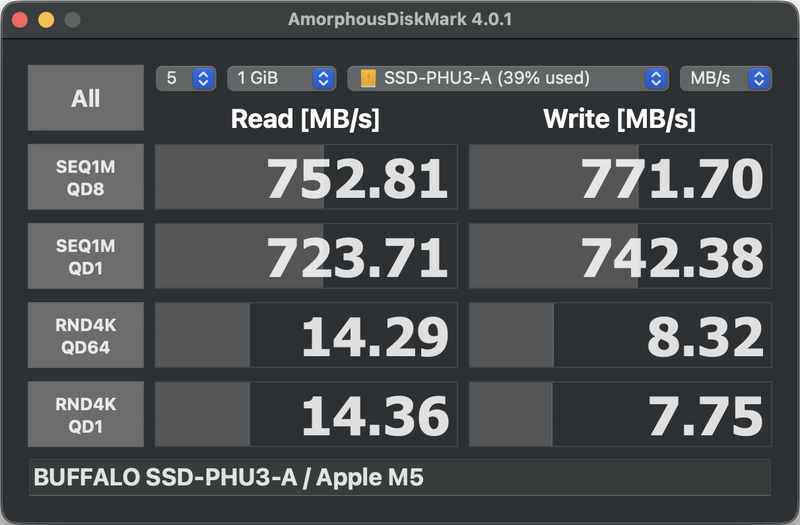 ドッキングステーションの最大10Gbps対応USB Type-Cに接続した際は、読み込み752.81MB/s、書き込み771.70MB/sを記録