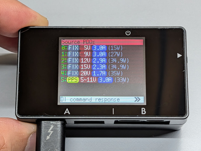 PDOをチェック。最大35Wというあまりない仕様ゆえ電流値も若干特殊。このチェッカーでは小数点以下2桁目が省略されているがパッケージによると12V/2.91A、15V/2.33A、20V/1.75Aとなっている。このほかPPSにも対応している