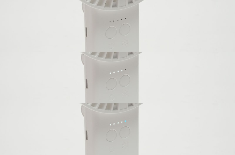 上から電源オフ時、電源オン時、冷却プレートオン時。電源をオンするとバッテリ残量が4段階で表示され、冷却プレートのオン/オフは右端の青いインジケータで確認できる