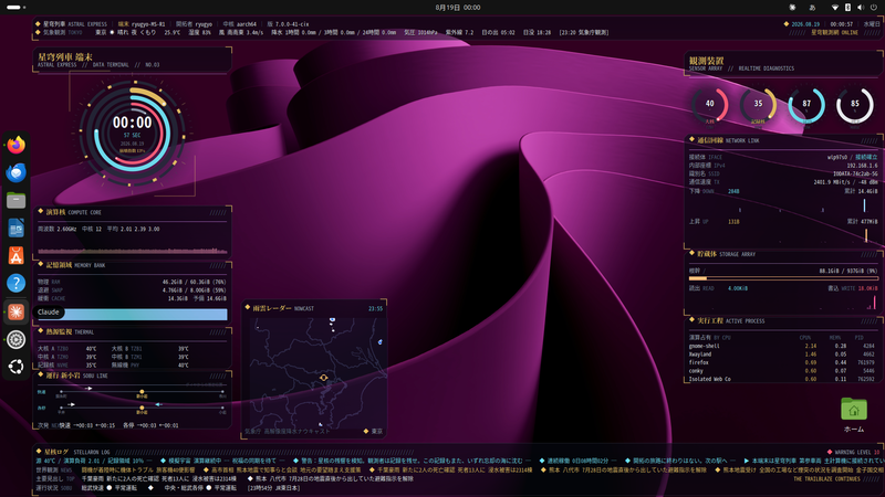 MS-R1はメモリ64GBもあるマシンだがうまく活用できなかった。さすがにUbuntuのセットアップは自分でやったが、それ以降のトラブルシューティングやセットアップは全部Claude Code任せ。凝ったデザインのConkyだってデザインしてくれる！