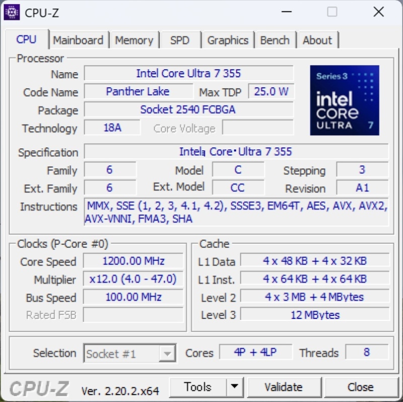 「CPU-Z」によるCPU情報