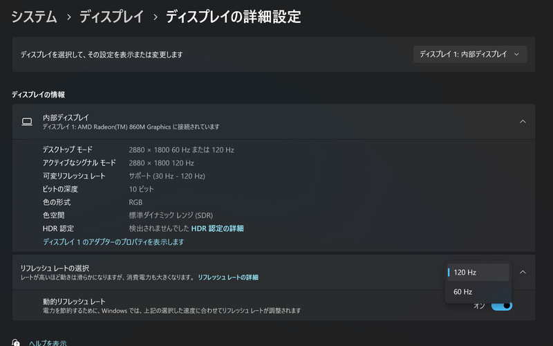 ディスプレイの詳細設定画面。30～120Hzの可変リフレッシュレートに対応しており、一定の省電力性も備えている