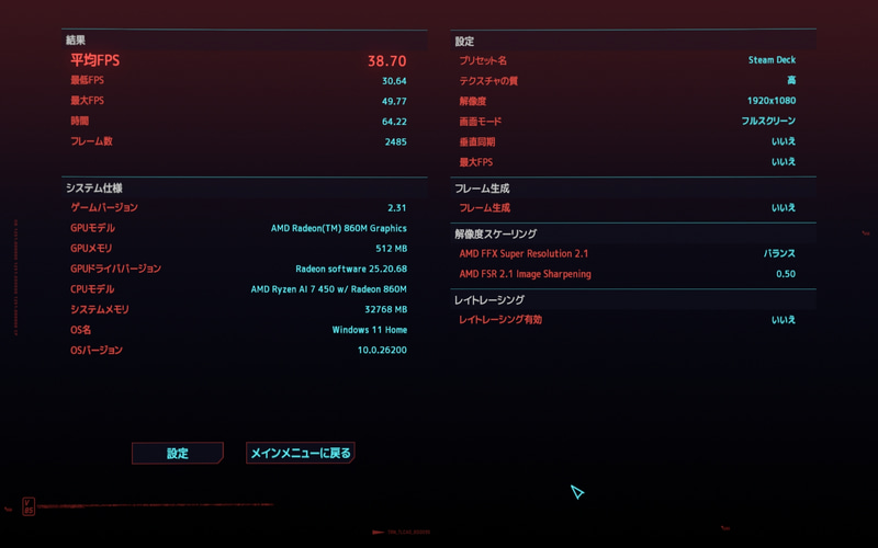 「Steam Deck」プリセットを選択すると、平均38.70fps、最低30.64fps、最高49.77fpsのフレームレートを記録