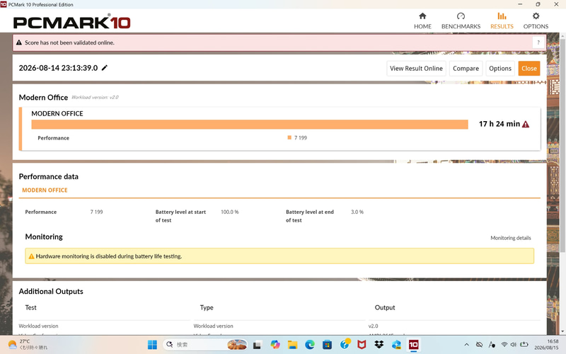 「PCMark 10 Modern Office」で、バッテリ残量100%から3%になるまで17時間24分動作