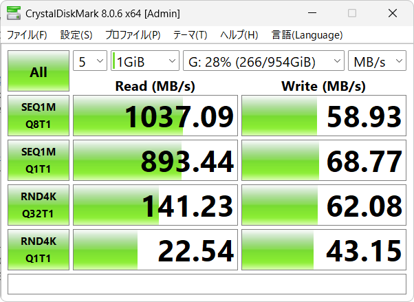 USB3.2 Gen 2x2(20Gbps)に対応したキングストン「SXS2000」をPCのUSB Type-Cポートに接続し、読み書き速度をCrystalDiskMark 8でテストしたところ。Readで最大1,037MB/sの速度が出ている