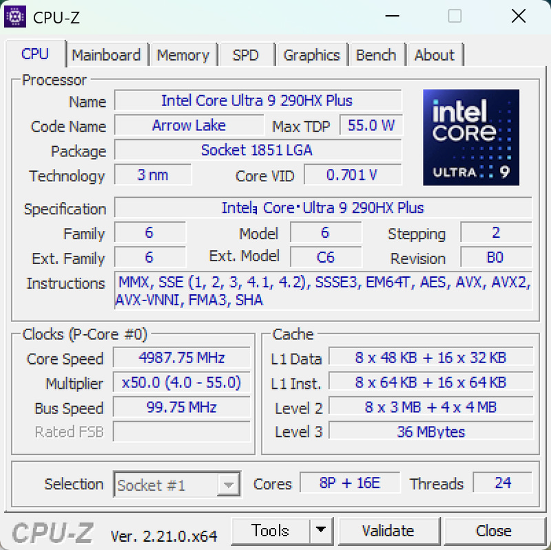 Core Ultra 9 290HX PlusはPコア8基、Eコア16基で合計24コア24スレッドと強烈なコア数
