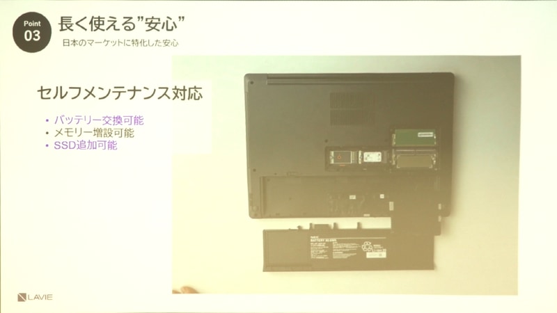 バッテリ着脱に対応し、SSDとメモリにツールレスでアクセスできる