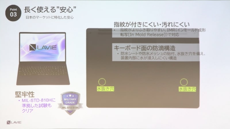 MIL-STD-810H準拠の耐久性や水抜き穴も用意