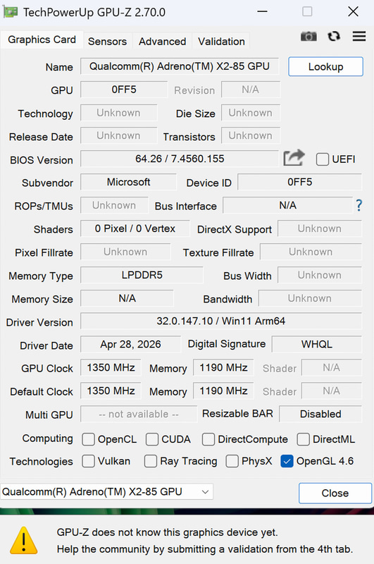 Surface Pro 13型/第12世代のGPU-Z、この時点ではデータベースになかったためALUの数などは表示されていない