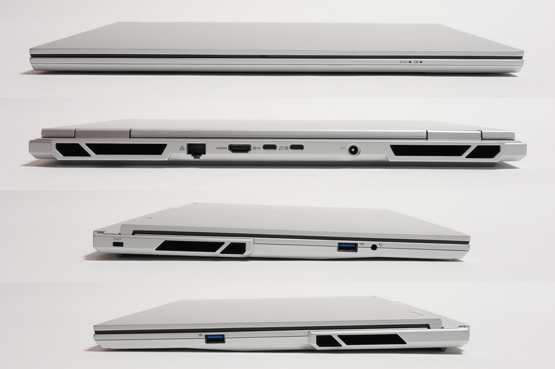 背面に有線LAN、HDMI、USB 3.2 Gen 2 Type-C(向かって右がPower Delivery対応)×2、電源端子、左側面にUSB 3.2 Gen 1、ヘッドセット端子、右側面にUSB 3.2 Gen 1を配置