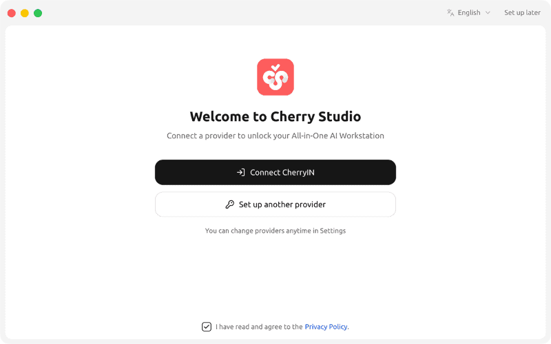 アプリを起動したら、[Set up another provider]をクリックします。なお、[Connect CherryIN]からCherryINのユーザ登録を行なうこともできます