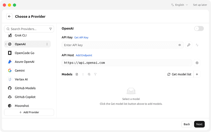 AIサービスの選択画面が表示されたら、左サイドバーから利用するプロバイダを選びます。ここでは[OpenAI]を選択し、[Get API Key]をクリックします