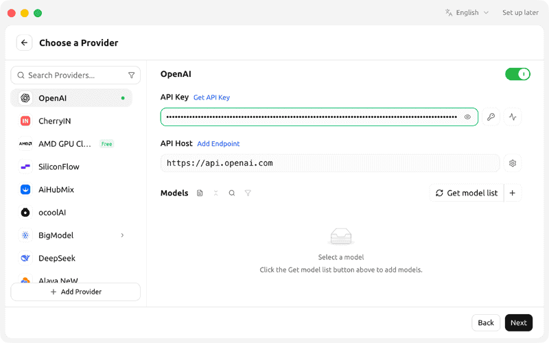 [API Key]の欄をクリックして、取得したAPIキーを貼り付けます。次に[Get model list]をクリックします