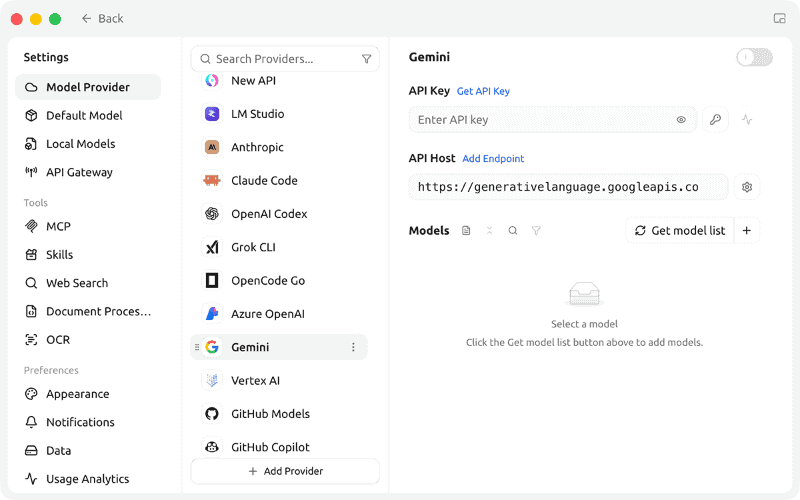[Settings]画面が表示されるので、[Model Provider]からGeminiやClaudeなどクラウドAIのプロバイダを選び、同様の手順でAPIキーとモデルを追加していきます