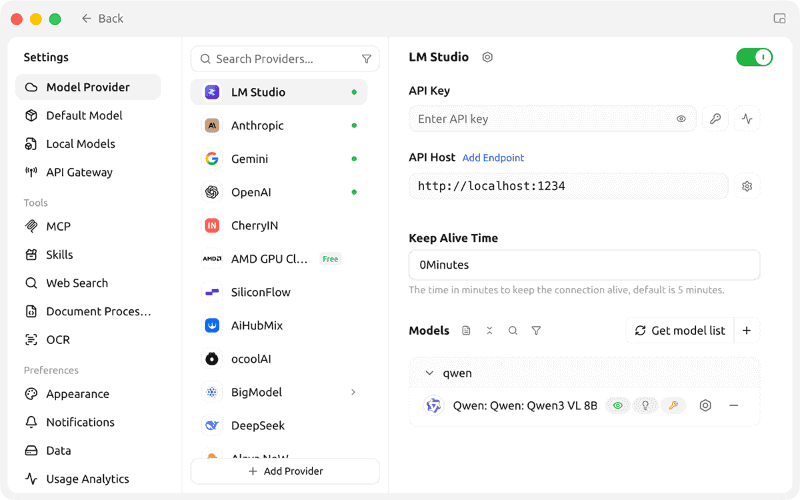 Cherry Studioの[Settings]画面で、[LM Studio]をオンにします。ここではAPIキーの設定は必須ではありません