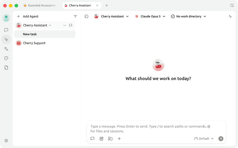 左サイドバーの[Work]を選び、Agent機能の[Cherry Assistant]を選択します。ファイル操作に利用できるモデルを選択しておきます(ここではClaude Opus 5)