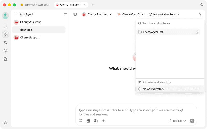 作業用ディレクトリ(フォルダ)を指定するメニューから[Add new work directory]をクリックして、[書類]フォルダ内の任意のフォルダを指定します(ここでは[CherryAgentTest]フォルダ)