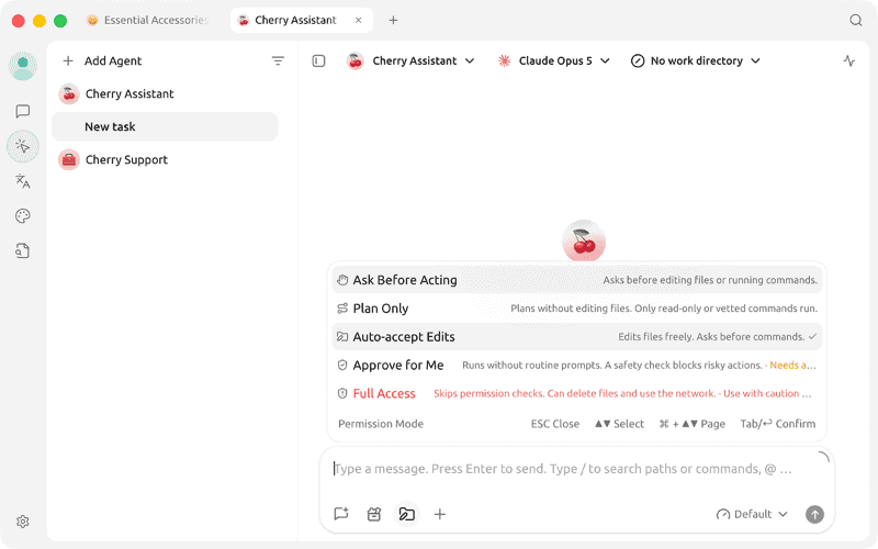 プロンプト入力欄の下にある[Permission Mode]をクリックすると、Agentによる操作の許可方法を選択できます。ここでは[Auto-accept Edits]を選択しておきます