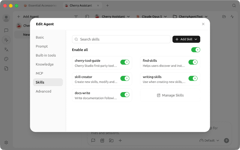 Agentの[…]をクリックして[Edit Agent]を選択し、サイドバーの[Skills]からAgentに割り当てたいスキルを追加できます