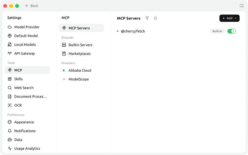 [Settings]画面で[MCP]を選択し、[Builtin Servers]などからMCPサーバを追加して有効にしておきます。登録して有効にしたMCPサーバは、Agentの編集画面の[MCP]から個別に割り当てられます