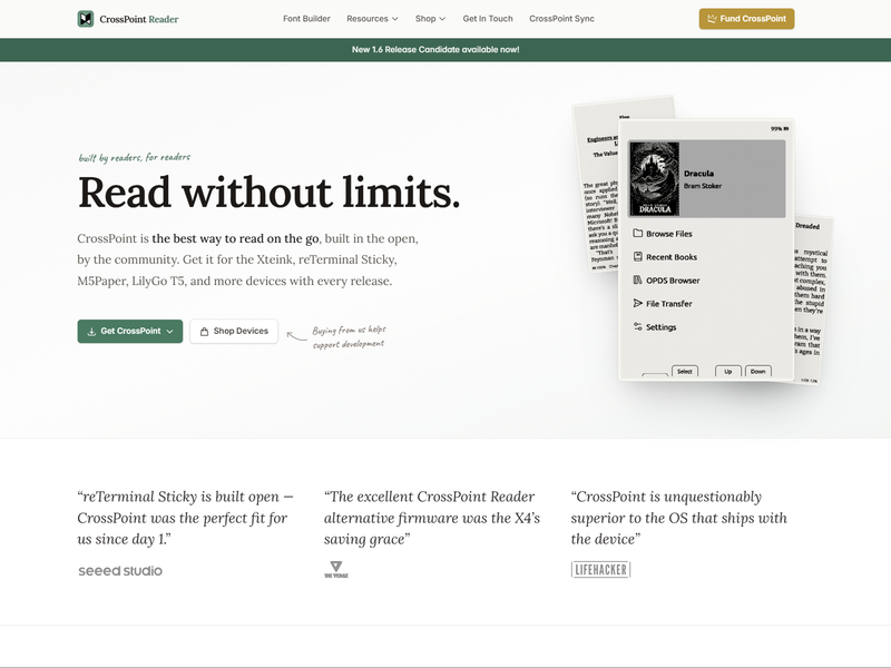 「CrossPoint」。本製品をはじめとした電子書籍デバイス向けにカスタムファームウェアを配布している。ただし日本語版はここではなくフォークを利用するのが吉(<a href="https://crosspointreader.com/" class="n" target="_blank">https://crosspointreader.com/</a>)