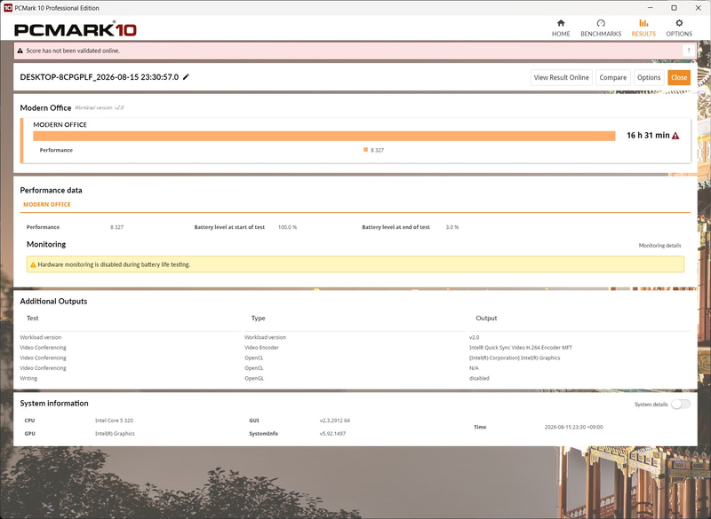 PCMark 10 Battery Profileの「Modern Office」の結果