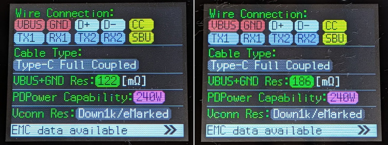 USB Cable Checker3で検証したところ。Thunderbolt 4ケーブル(右)と同じく全結線、eMarker内蔵で240Wにも対応していることが分かる